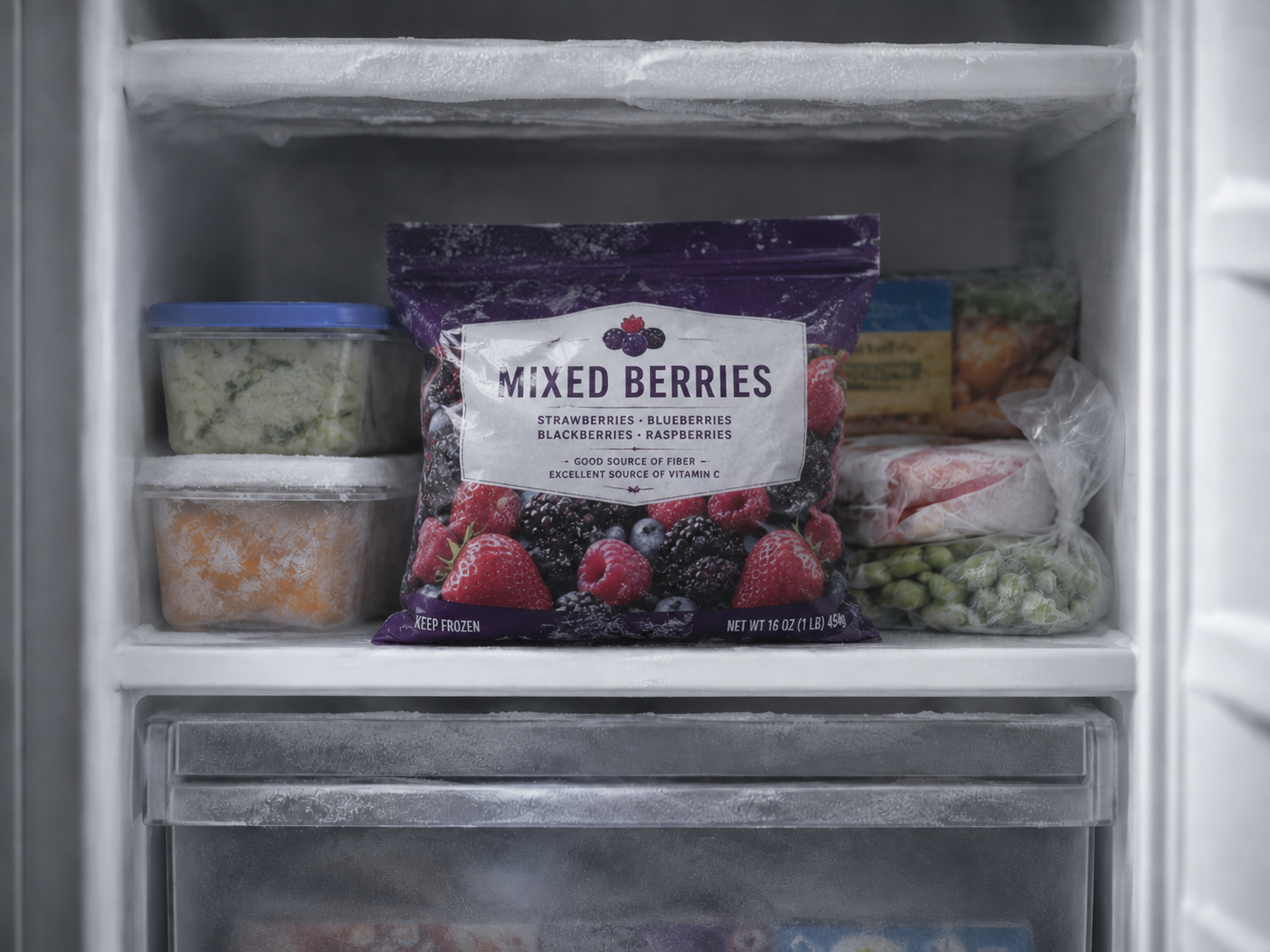 An open freezer drawer with bags of frozen berries